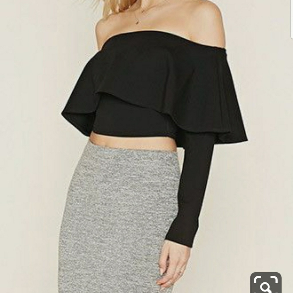 Long Sleeved Black Off Shoulder Ruffle Crop Top